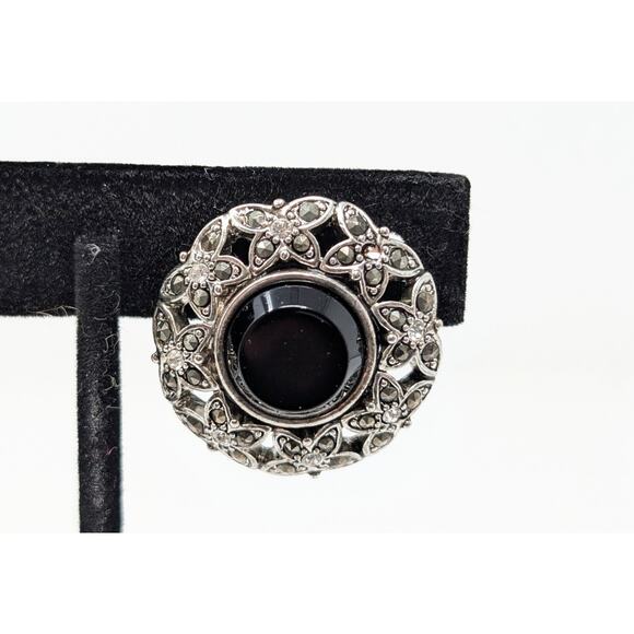 Vintage Monet Clip On Earrings Silver Tone Black Filigree Round Butterflies - Picture 3 of 7